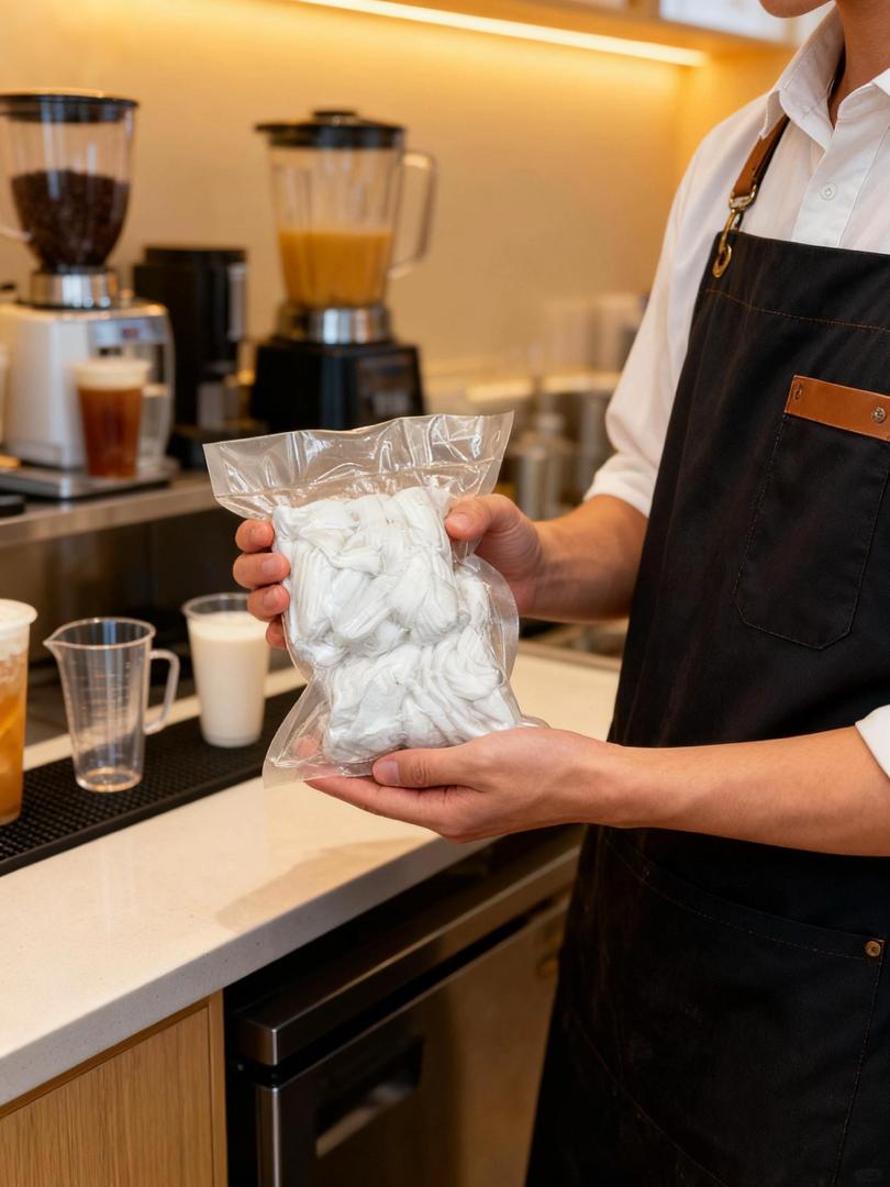 Person holding a package of marshmallows in a kitchen setting with coffee-making equipment.